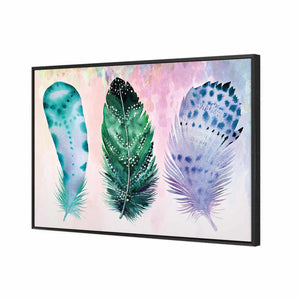 Boho Feathers, Teal | Standard Canvas | Floating Frame | Black