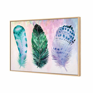 Boho Feathers, Teal | Standard Canvas | Floating Frame | Oak