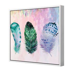 Boho Feathers, Teal, Square | Standard Canvas | Floating Frame | White