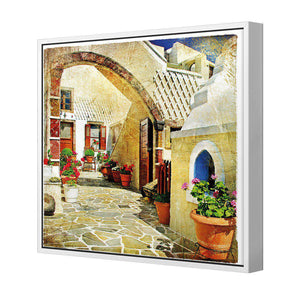 Courtyard Of Santorini | Standard Canvas | Floating Frame | White