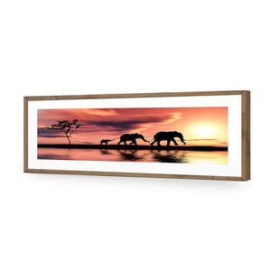 Family of Elephants at Sunset, Long | Standard Acrylic | Flat Frame With Border | Natural