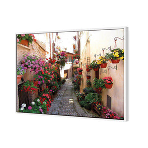 Floral Alley In Italy | Standard Canvas | Floating Frame | White