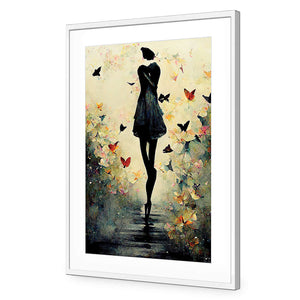 Girl with Butterflies I | Classic Acrylic | Flat Frame With Border | White