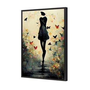 Girl with Butterflies I | Classic Canvas | Floating Frame | Black