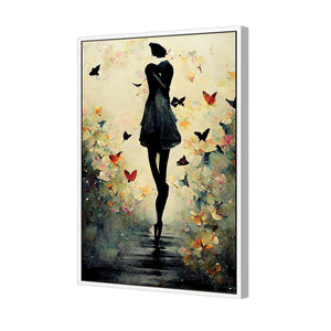 Girl with Butterflies I | Classic Canvas | Floating Frame | White