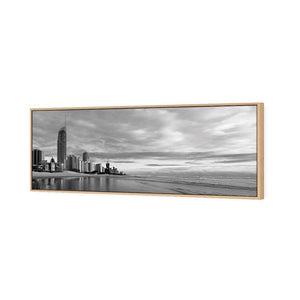 Gold Coast Panoramic, Black and White (long) | Classic Canvas | Floating Frame | Oak