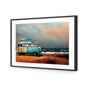 Kombi at the Beach | Classic Acrylic | Flat Frame With Border | Black