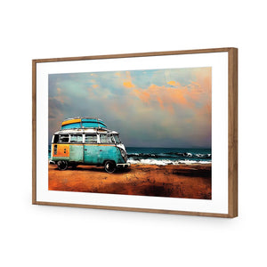 Kombi at the Beach | Classic Acrylic | Flat Frame With Border | Natural