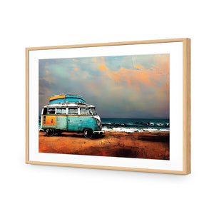 Kombi at the Beach | Classic Acrylic | Flat Frame With Border | Oak
