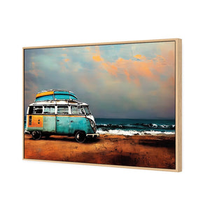 Kombi at the Beach | Classic Canvas | Floating Frame | Oak