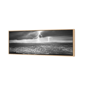Lightning Beach, Black and White (Long) | Classic Canvas | Floating Frame | Oak