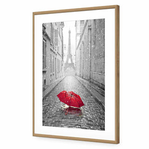 Lost Umbrella In Paris, Red | Standard Acrylic | Flat Frame With Border | Oak