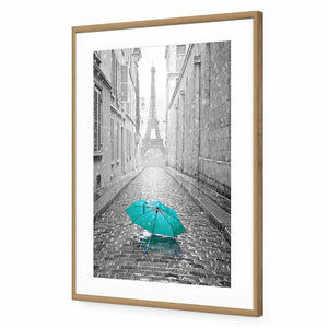 Lost Umbrella In Paris, Teal | Standard Acrylic | Flat Frame With Border | Oak