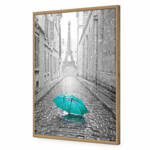 Lost Umbrella In Paris, Teal | Standard Acrylic | Flat Frame No Border | Oak