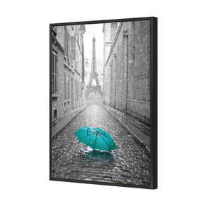 Lost Umbrella In Paris, Teal | Standard Canvas | Floating Frame | Black