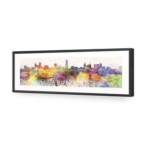 Melbourne Skyline Watercolour, Long | Standard Acrylic | Flat Frame With Border | Black