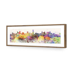 Melbourne Skyline Watercolour, Long | Standard Acrylic | Flat Frame With Border | Natural