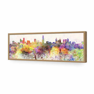 Melbourne Skyline Watercolour, Long | Standard Acrylic | Flat Frame No Border | Oak
