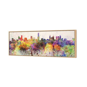 Melbourne Skyline Watercolour, Long | Standard Canvas | Floating Frame | Oak