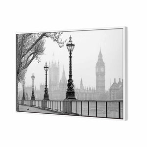 Misty London, B&W | Standard Canvas | Floating Frame | White