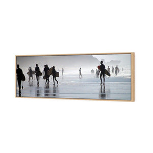 Surfers in the Mist (Long) | Classic Canvas | Floating Frame | Oak