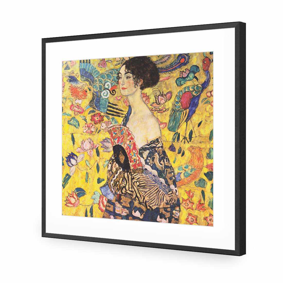 Lady With Fan - Gustav Klimt, Square-Acrylic-Wall Art Design-With Border-Acrylic - Black Frame-37x37cm-Wall Art Designs