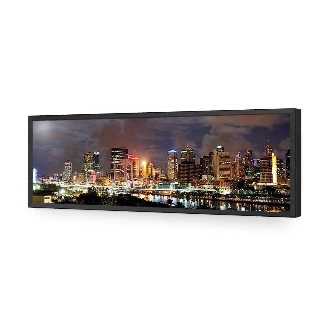 A stunning stretched canvas wall art of Brisbane skyline at night, showcasing vibrant city lights and reflections.