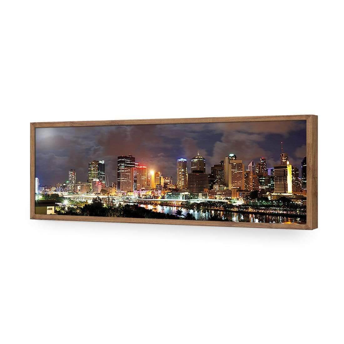 Stretched canvas wall art of Brisbane skyline at night, showcasing vibrant city lights and dramatic clouds.