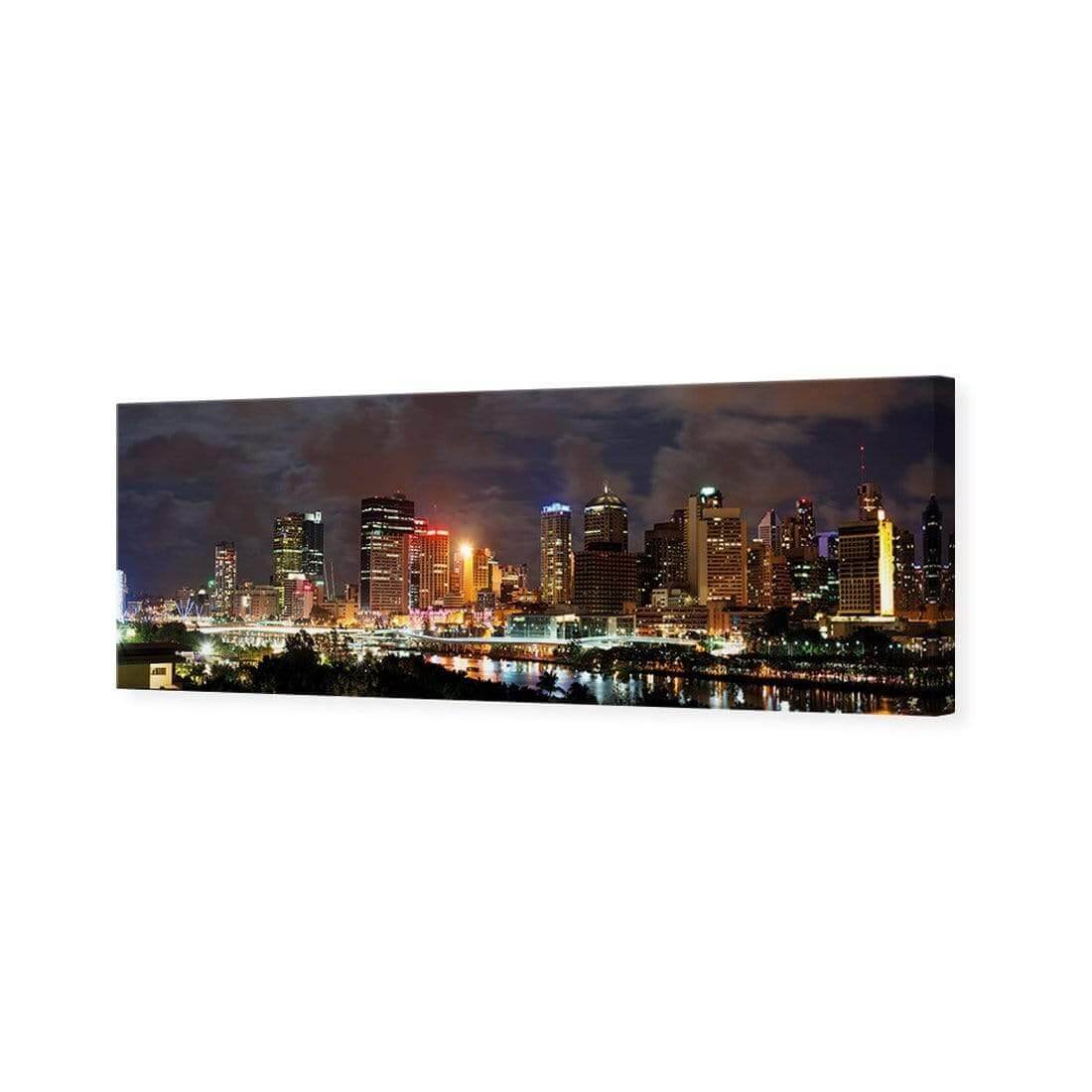 Stretched canvas wall art of Brisbane skyline at night with vibrant city lights and reflective river.