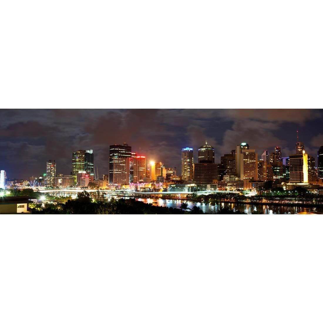 A breathtaking skyline of Brisbane at night, illuminated buildings reflecting on the river in a stunning canvas print design.