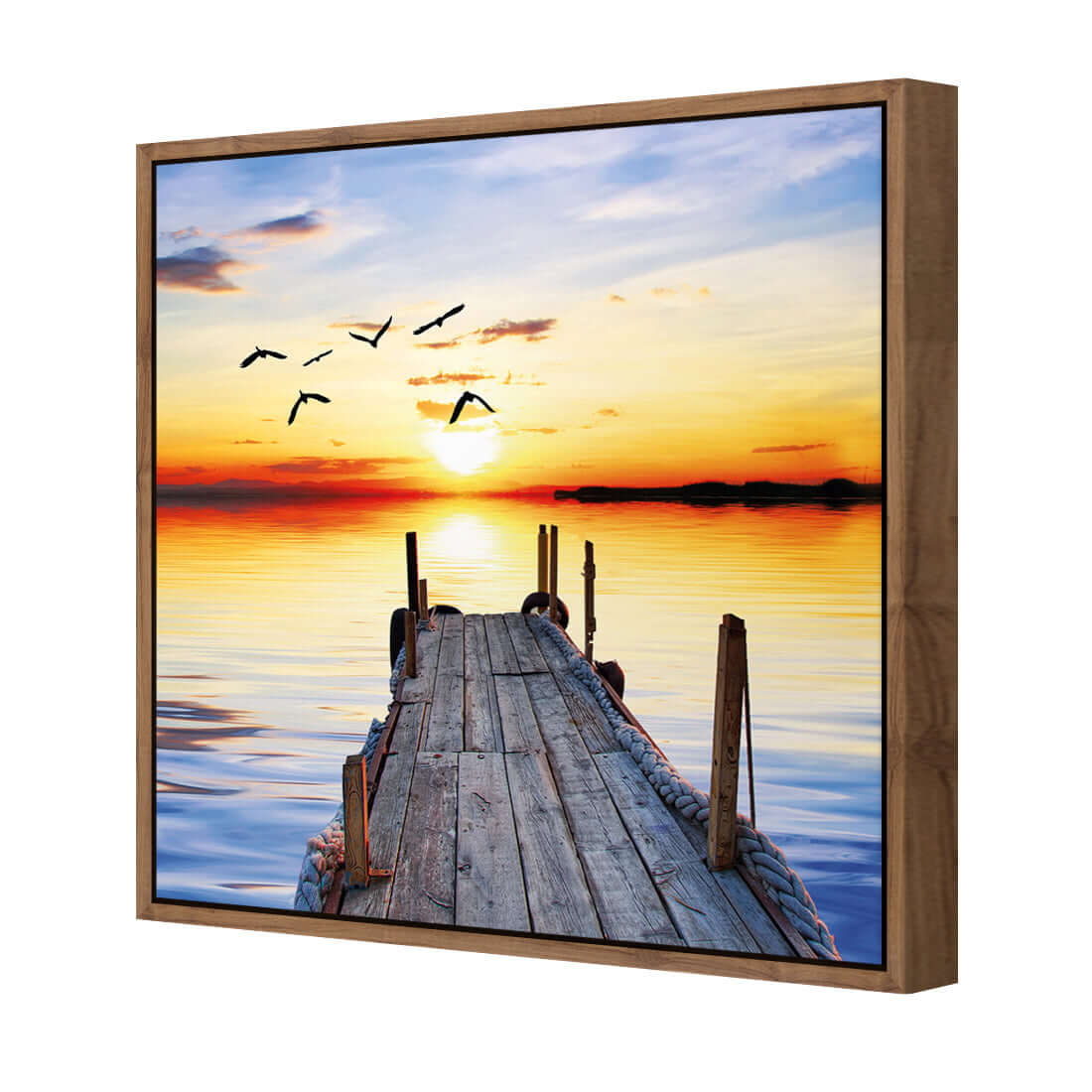 Abandoned jetty wall art featuring a sunset and flying seagulls on stretched canvas. Perfect for home decor.