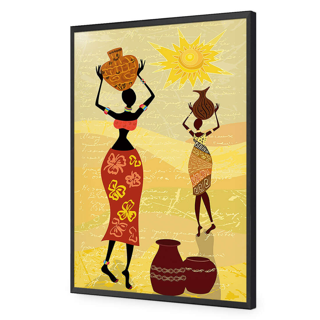 African Dawn canvas art featuring two women carrying pots under a bright sun, vibrant and stylish wall decor.