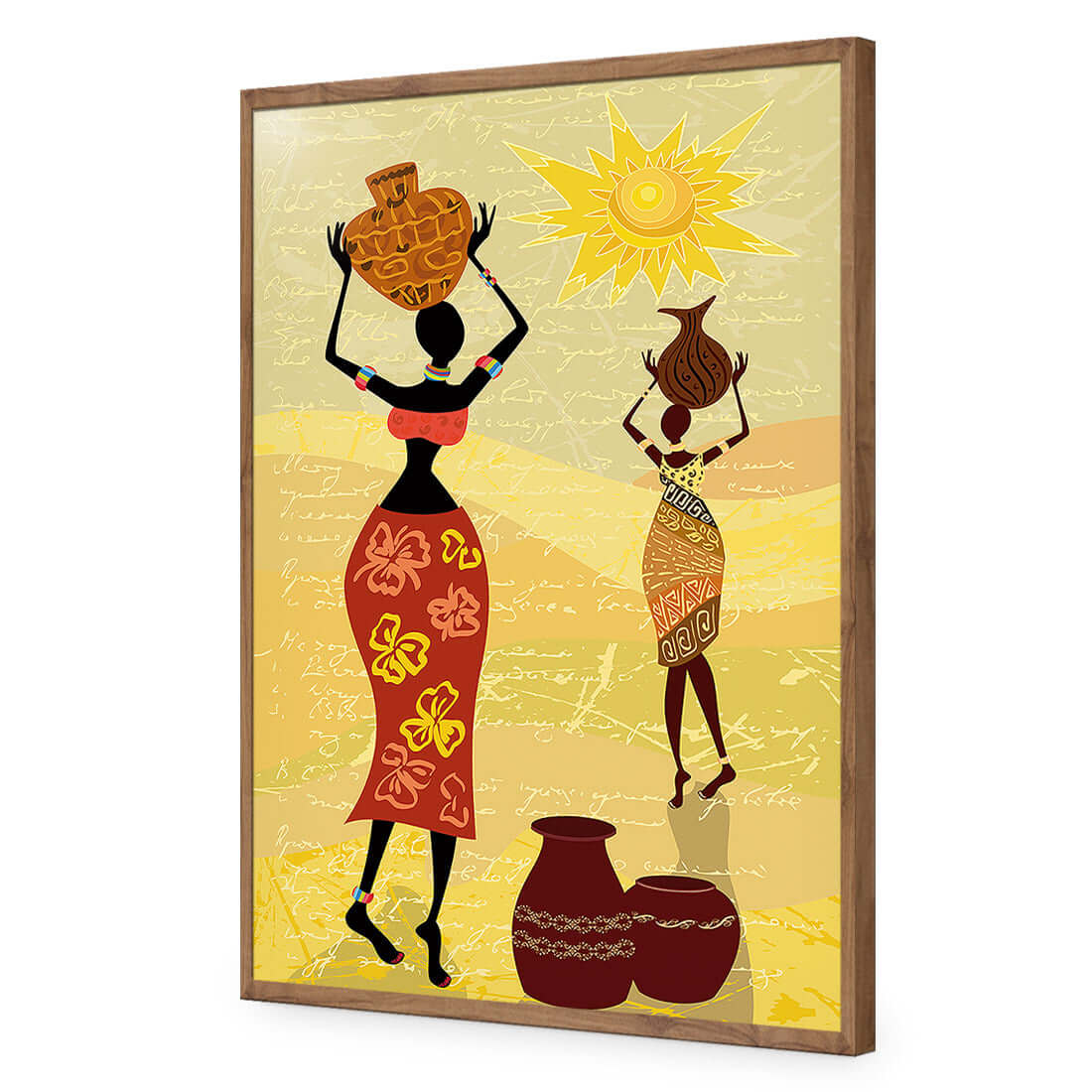 Vibrant African Dawn wall art depicting women with pots under a sunny sky, perfect for home decor loves.