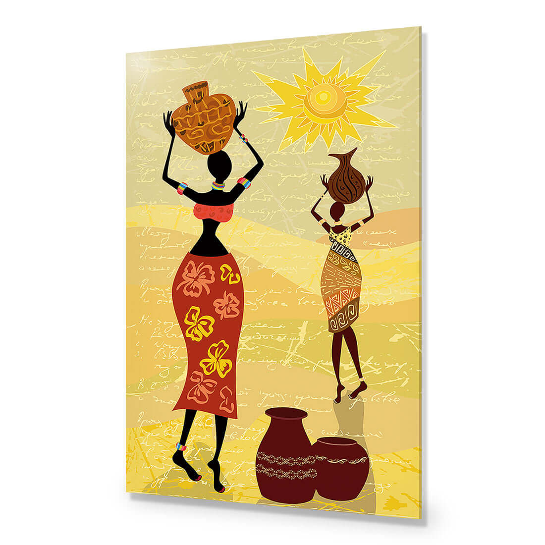 African Dawn canvas art featuring women with pots against a vibrant sun, showcasing cultural beauty and warmth.