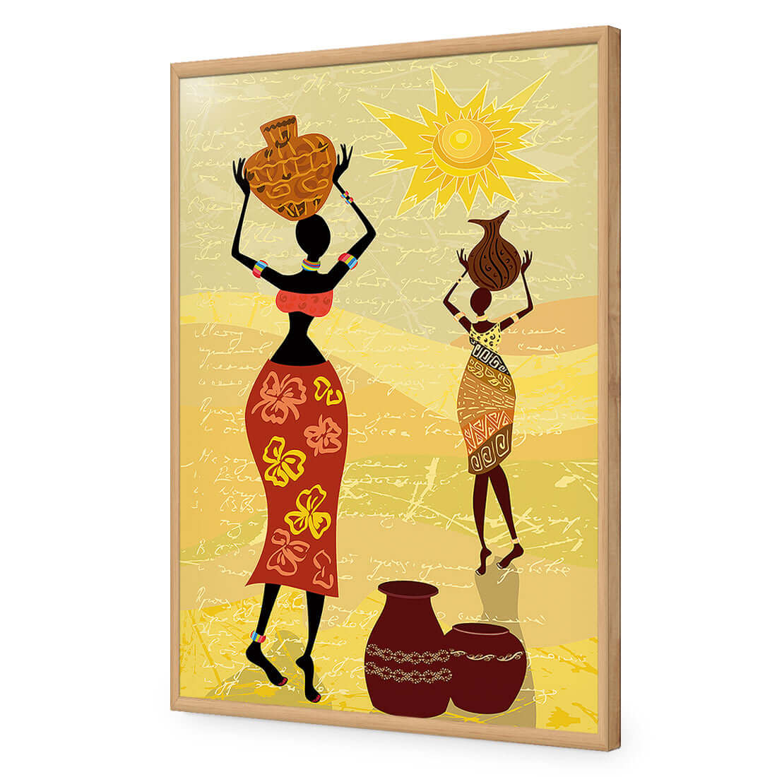 African Dawn stretched canvas wall art featuring vibrant silhouettes of women carrying pots under a sunlit sky.