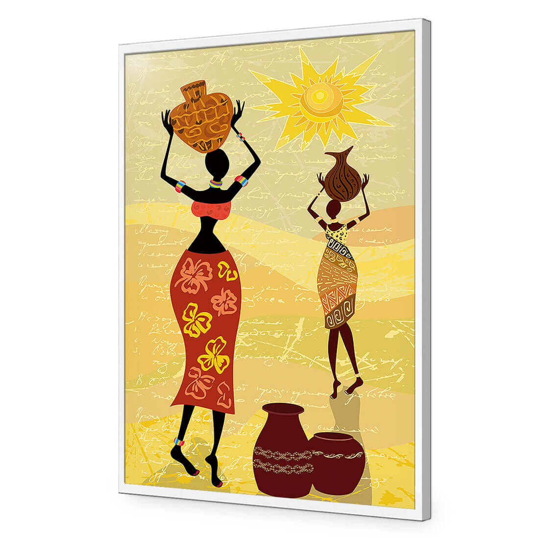 African Dawn wall art featuring women carrying pots under a vibrant sun, showcasing cultural elegance and warm colors.