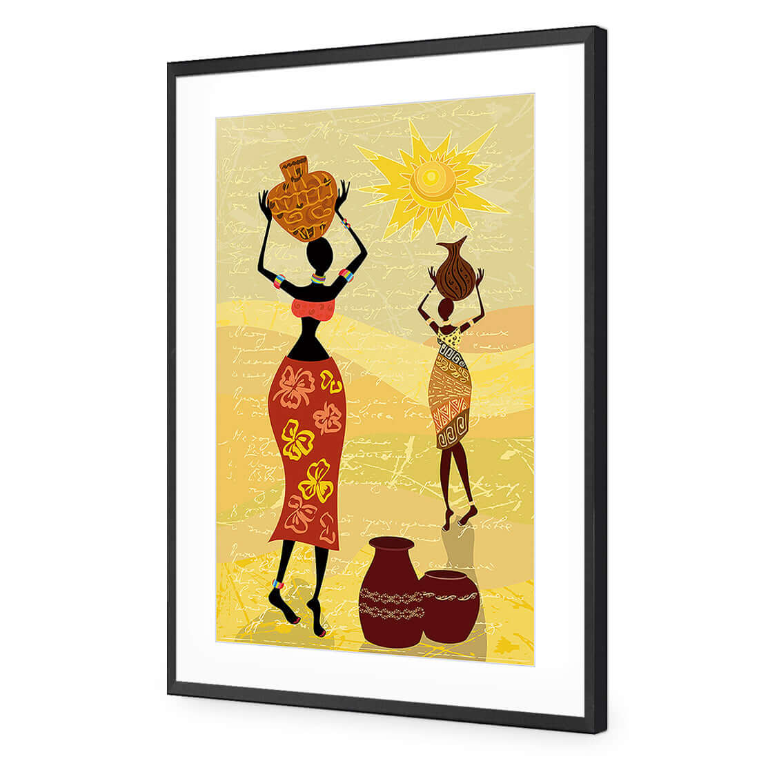 African Dawn stretched canvas wall art featuring women with pots under the sun, vibrant colors, and cultural imagery.