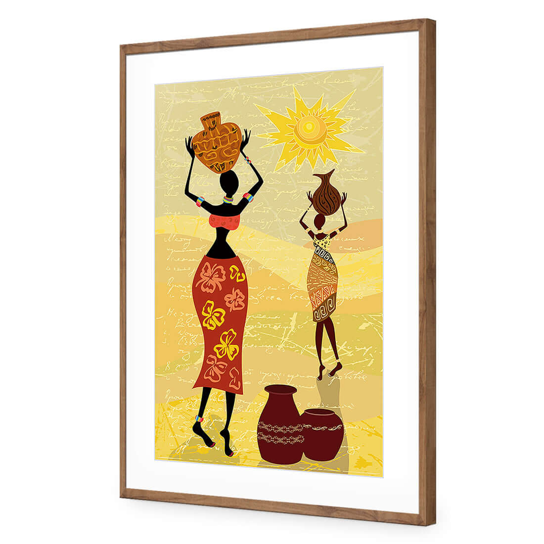 African Dawn stretched canvas wall art featuring women carrying pots under the sun, vibrant colors and cultural design.