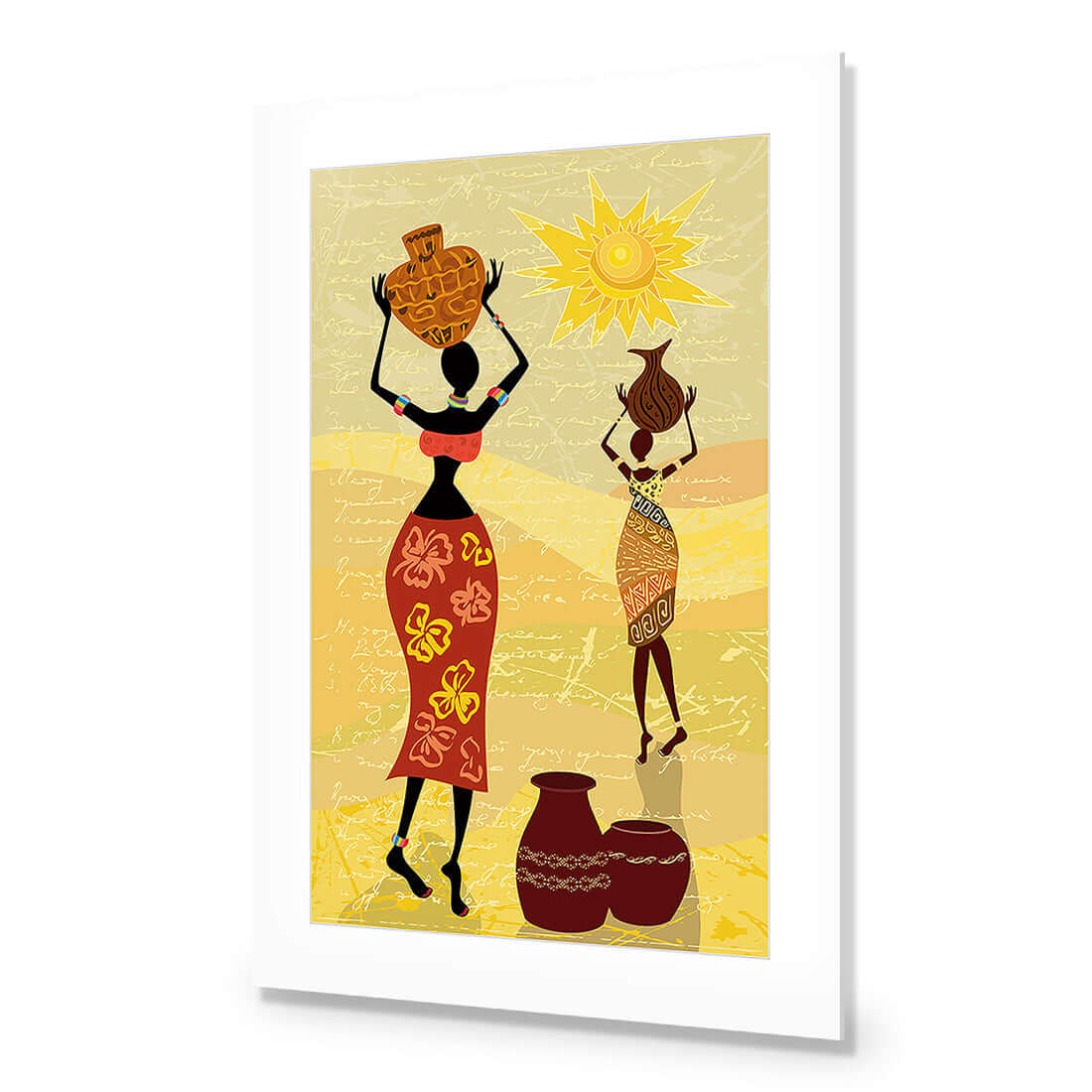 Vibrant African Dawn canvas art featuring women carrying pots under a bright sun, showcasing cultural beauty.