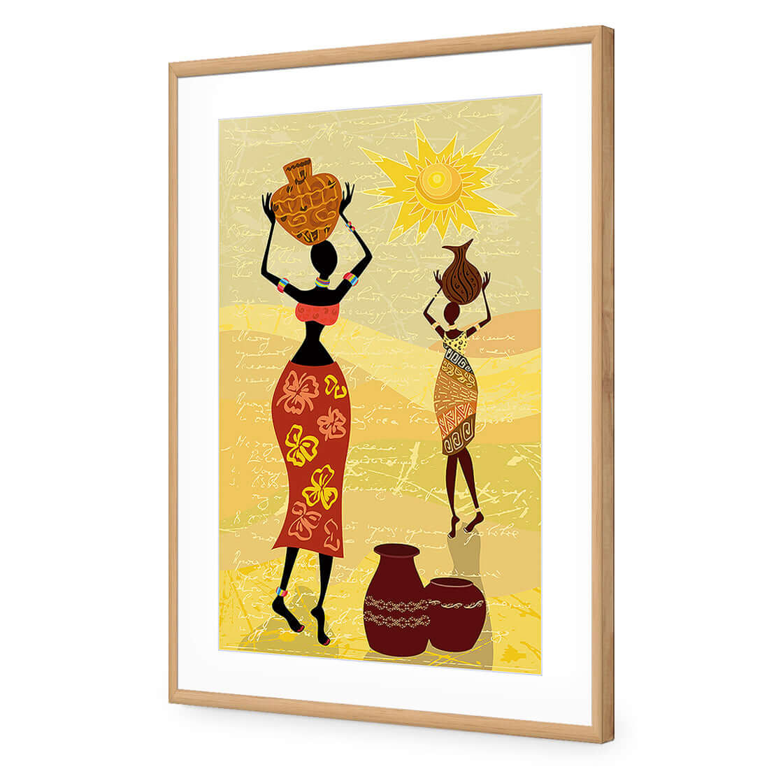 Colorful African Dawn stretched canvas art featuring women with pots and vibrant sun, perfect for home decor.