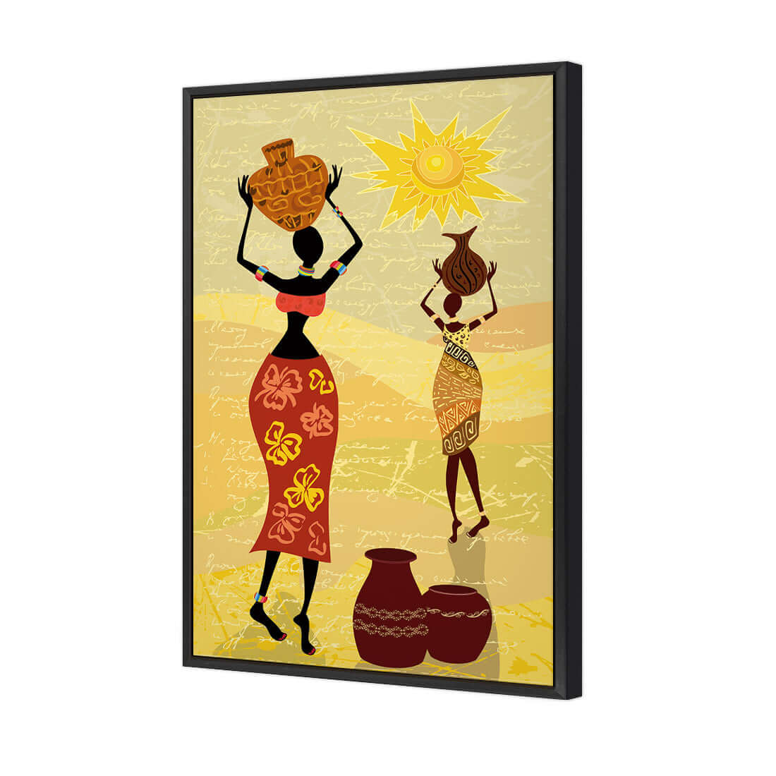 African Dawn stretched canvas wall art featuring women carrying pots in vibrant colors and patterns.