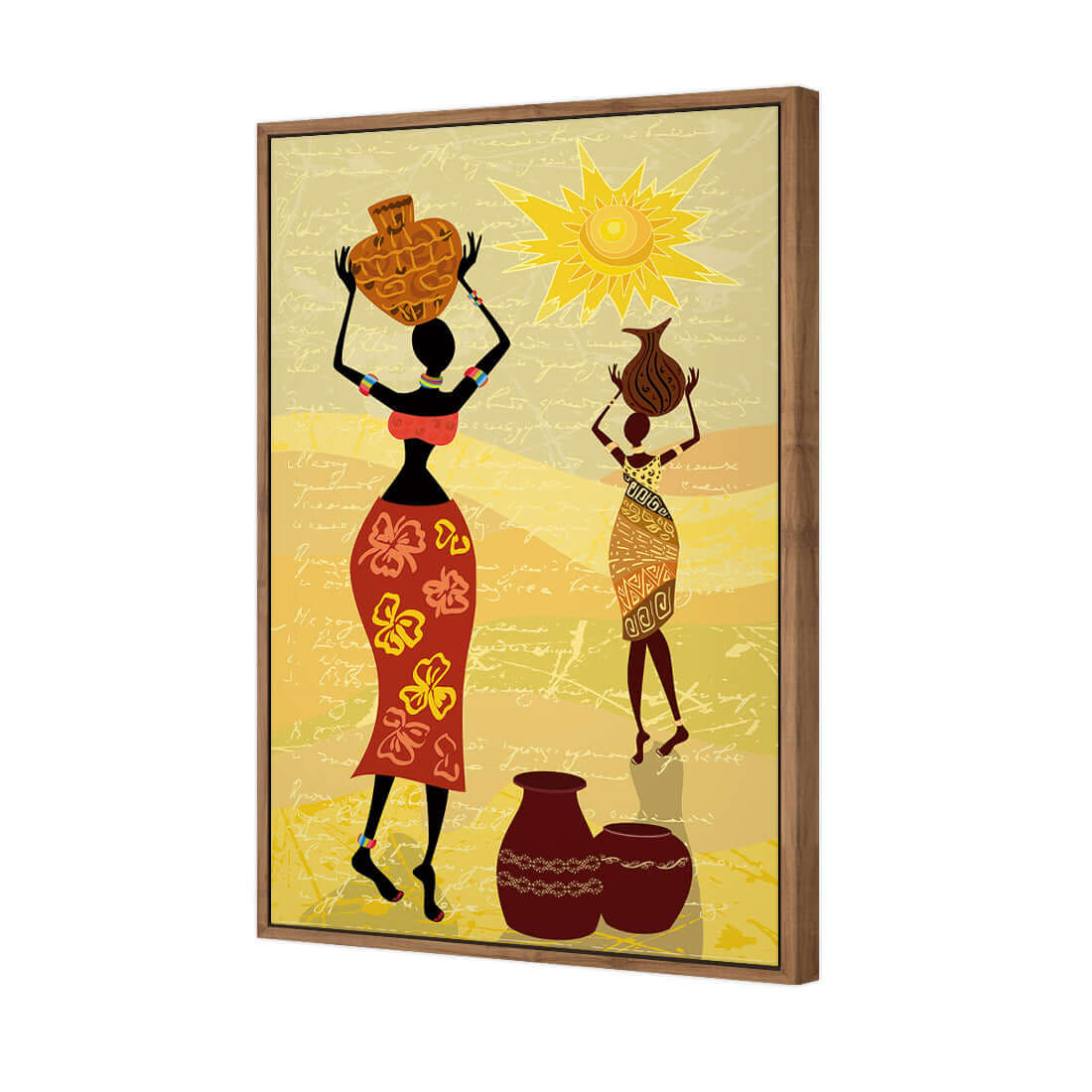 Stretched canvas wall art featuring African women carrying pots under a vibrant sun, celebrating African culture.