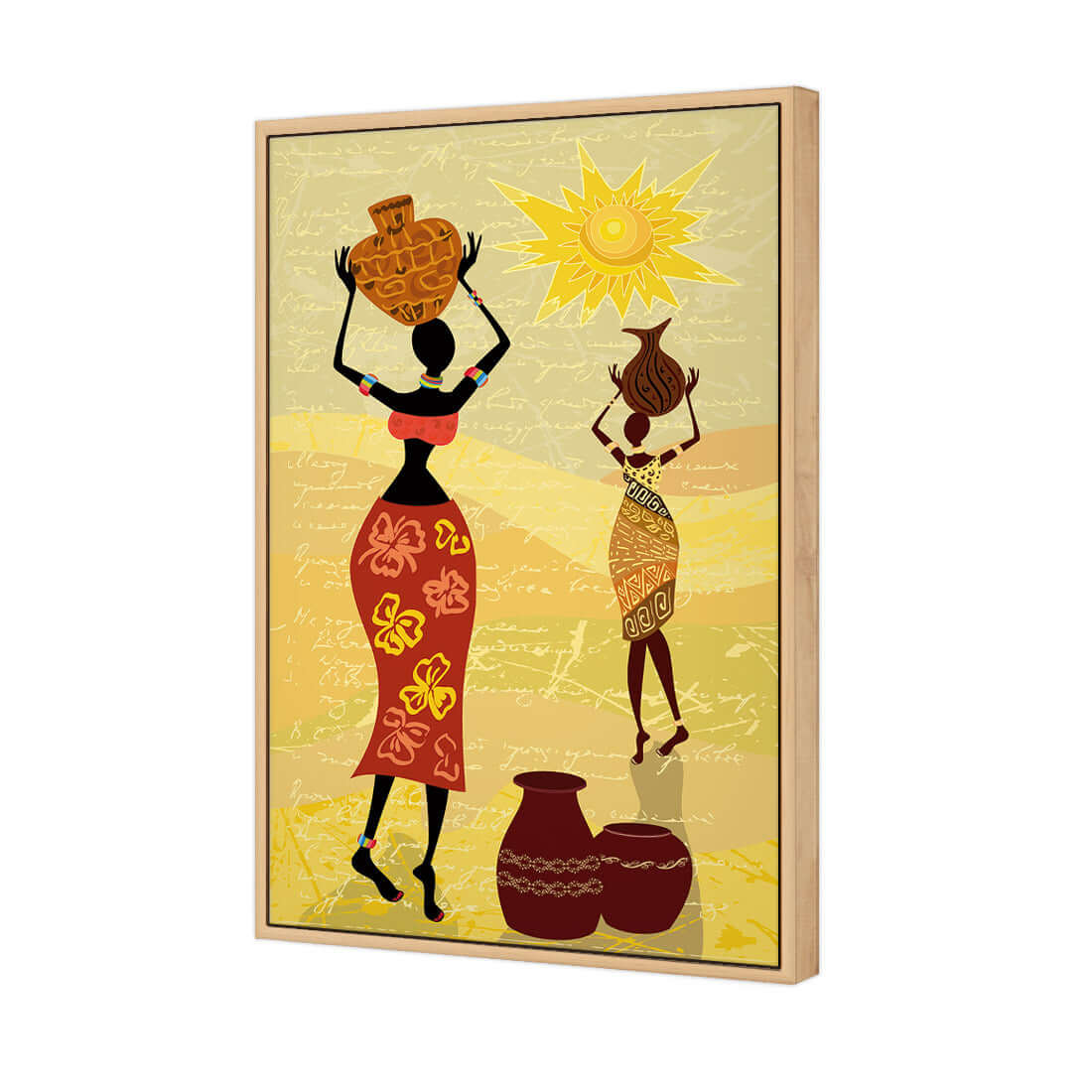 African Dawn stretched canvas art featuring women with pots under a sun in warm earthy colors.