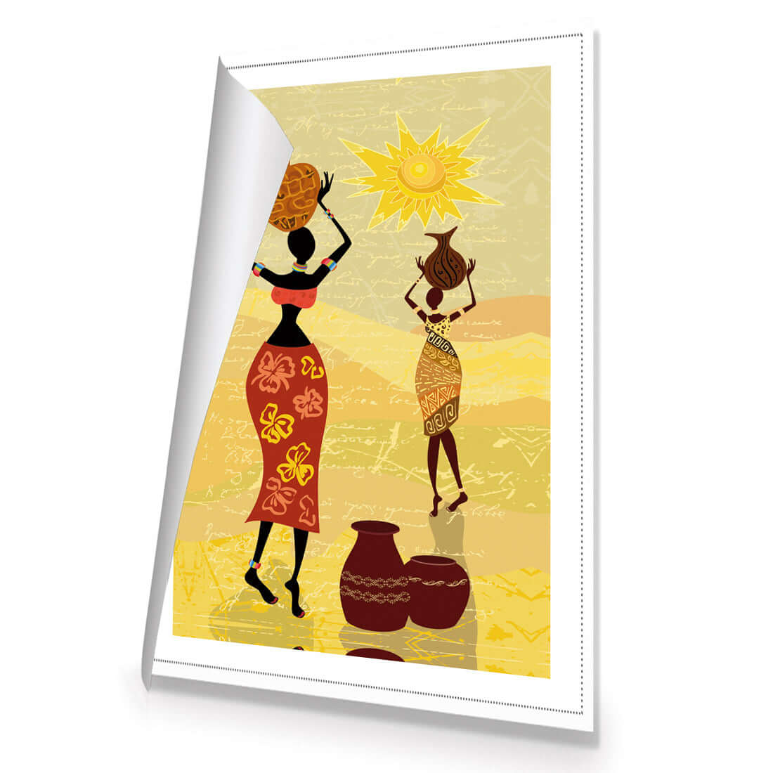 African Dawn stretched canvas art featuring vibrant women and traditional pottery, perfect for home decor.