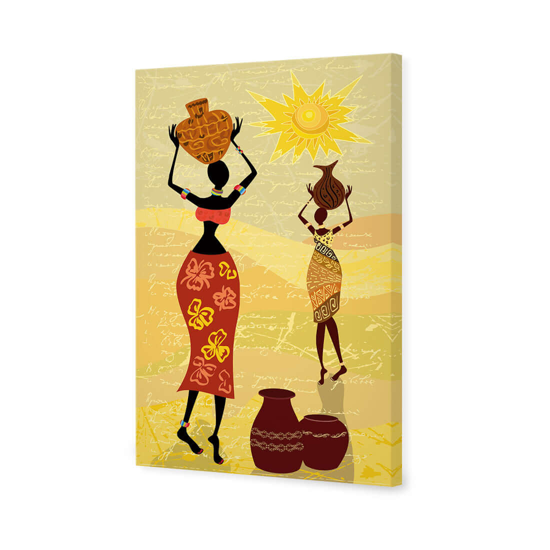 African Dawn canvas wall art featuring women carrying pots under a sun, vibrant colors and cultural essence.