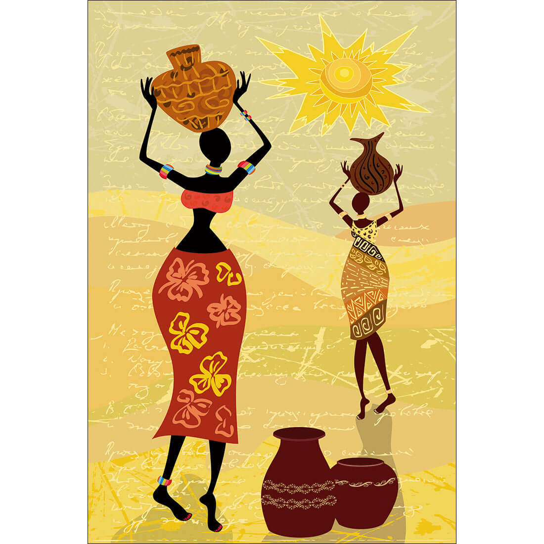 Colorful African women carrying pots under the sun, representing culture and artistry in vibrant canvas wall art.