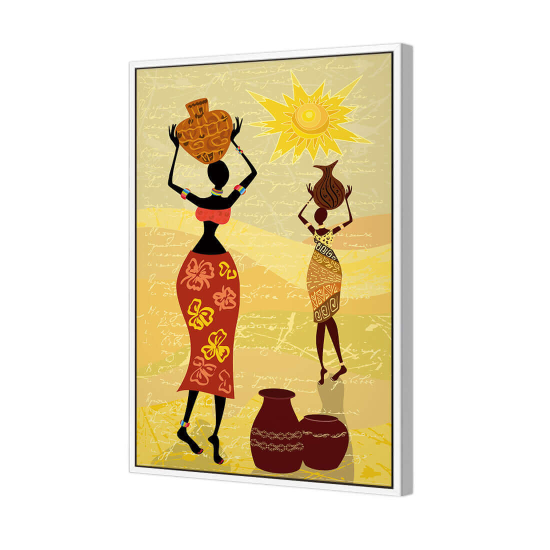 African Dawn stretched canvas wall art featuring women carrying pots in vibrant colors and sunlit landscapes.