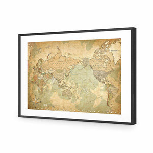 Antique World Map | Standard Acrylic | Flat Frame With Border | Black