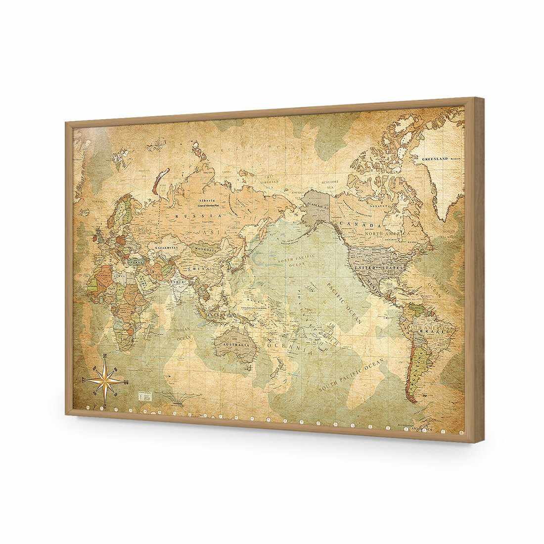 Antique World Map | Standard Acrylic | Flat Frame No Border | Oak