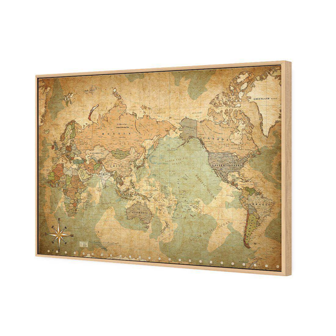 Antique World Map | Standard Canvas | Floating Frame | Oak